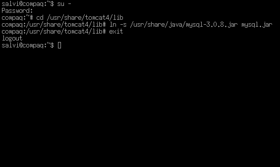 Creo in /USR/SHARE/TOMCAT4/LIB il link a /USR/SHARE/JAVA/MYSQL-3.0.8.JAR
